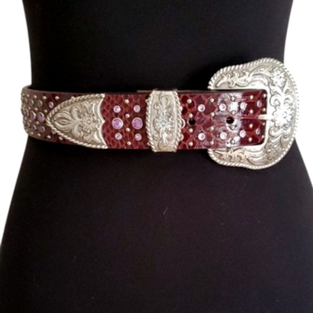 Ariat Burgundy Leather Belt 26 Lavender Crystal Reptile Print Silver Tone Buckle